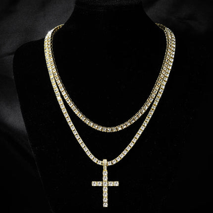 Hip Hop Iced Out Cross Pendant Necklace Strap 4mm Zircon Tennis Chain Men Women Sparkling Necklace Punk Jewelry Fashion Gift PlatiNum