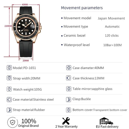 Orologio Automatico Meccanico da Uomo PAGANI DESIGN, Cassa in Oro Rosa, Cinturino in Gomma Nera, Orologio Subacqueo, Vetro Zaffiro, Impermeabile 100M, Luminoso, Data, Orologio Sportivo da Polso da Uomo, Relogio Masculino