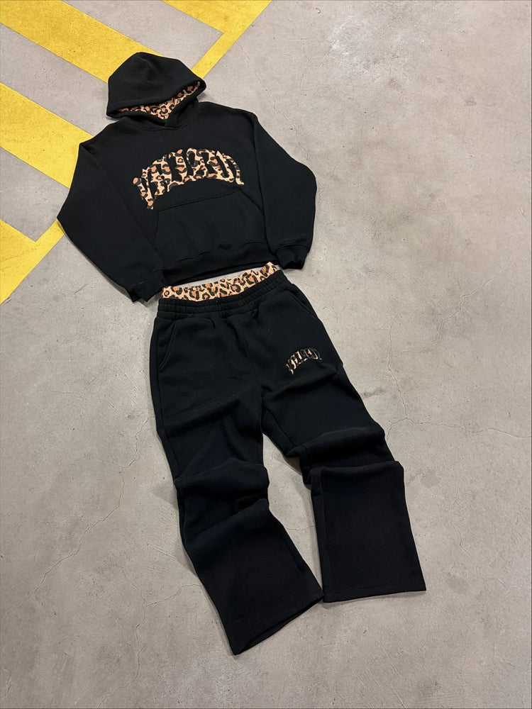 High street fashion leopard print letter embroidered men sportswear suit Y2K American casual retro hoodie trend loose clothing PlatiNum