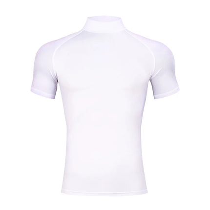 Mens Bodybuilding Sports Tight T-shirt Summer Compression Turtleneck Short Sleeve Gym Fitness Running Quick Dry Male Workout Top PlatiNum