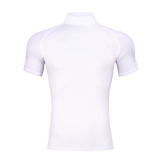 Mens Bodybuilding Sports Tight T-shirt Summer Compression Turtleneck Short Sleeve Gym Fitness Running Quick Dry Male Workout Top PlatiNum