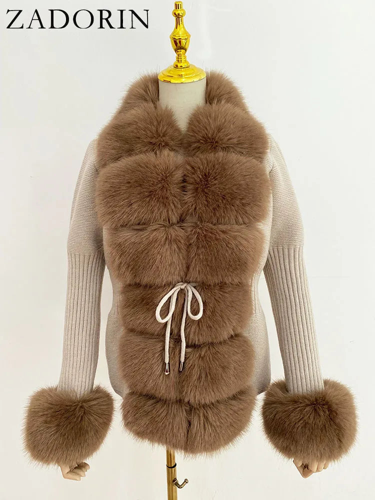 ZADORIN 2026 Chic Fur Cardigan Knitted Sweater Luxury Detachable Faux Fur White Pink Black Sweaters Cardigans Woman Tops Clothes