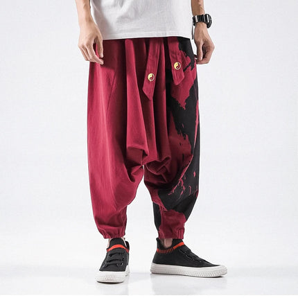 Pantaloni alla moda da uomo Samurai giapponese Ukiyo-e Cintura con stampa Pantaloni stile harem da uomo in cotone e lino Casual Oversize Harajuku Pantaloni a gamba larga da uomo