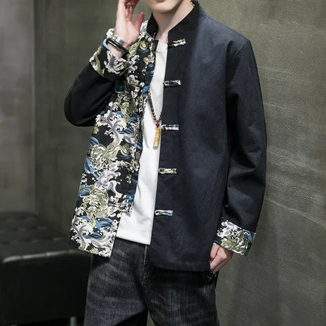 Camicie da uomo ricamate 2026 primavera stile cinese retrò colletto alla coreana giacca in cotone e lino cardigan da uomo Kungfu allentato casual Top