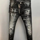 Light Luxury Washed Jeans Men's Trendy Brand Ruffian Handsome Black Ripped Patch Slim Fit Small Feet Casual Long Pants PlatiNum