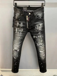 Light Luxury Washed Jeans Men's Trendy Brand Ruffian Handsome Black Ripped Patch Slim Fit Small Feet Casual Long Pants