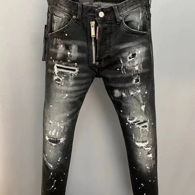 Light Luxury Washed Jeans Men's Trendy Brand Ruffian Handsome Black Ripped Patch Slim Fit Small Feet Casual Long Pants PlatiNum