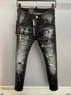 Light Luxury Washed Jeans Men's Trendy Brand Ruffian Handsome Black Ripped Patch Slim Fit Small Feet Casual Long Pants PlatiNum
