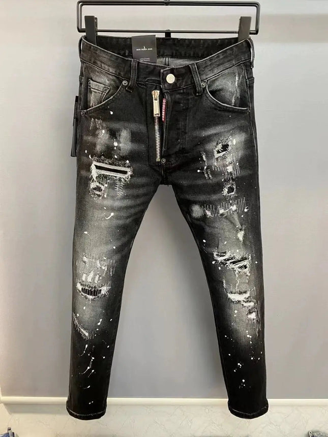 Light Luxury Washed Jeans Men's Trendy Brand Ruffian Handsome Black Ripped Patch Slim Fit Small Feet Casual Long Pants PlatiNum
