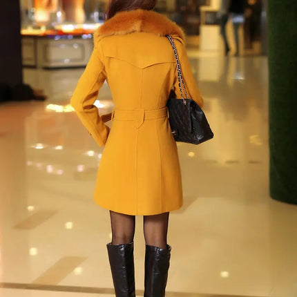 Mid Length Wool Coats Women Fur Collar Splice Blends Korean Full Sleeve Double Breasted Lace Up Belt Thick Warm Winter Jackets