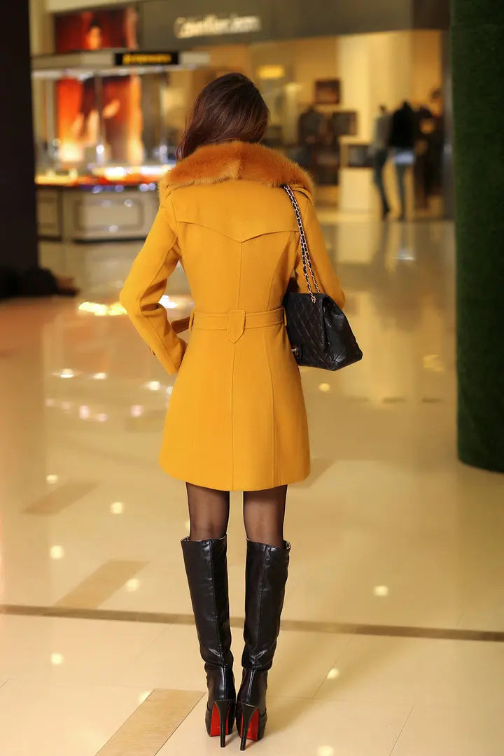 Mid Length Wool Coats Women Fur Collar Splice Blends Korean Full Sleeve Double Breasted Lace Up Belt Thick Warm Winter Jackets