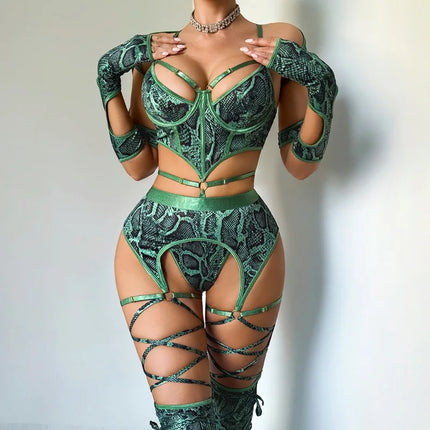 Tornova Erotic Lingerie Personalized Snake Pattern Hollow Strap Design Bodyshaping Sexy Delicate Hot Lingerie Set with Stockings