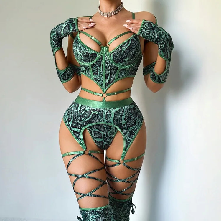 Tornova Erotic Lingerie Personalized Snake Pattern Hollow Strap Design Bodyshaping Sexy Delicate Hot Lingerie Set with Stockings