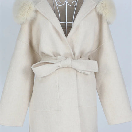 OFTBUY Omen Double Face Wool Coat Natural Fur Coat Wool Blend Jacket Winter Warm Elegant Long Sleeve Fur Cuffs Fashion Outerwear
