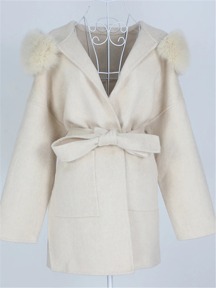 OFTBUY Omen Double Face Wool Coat Natural Fur Coat Wool Blend Jacket Winter Warm Elegant Long Sleeve Fur Cuffs Fashion Outerwear