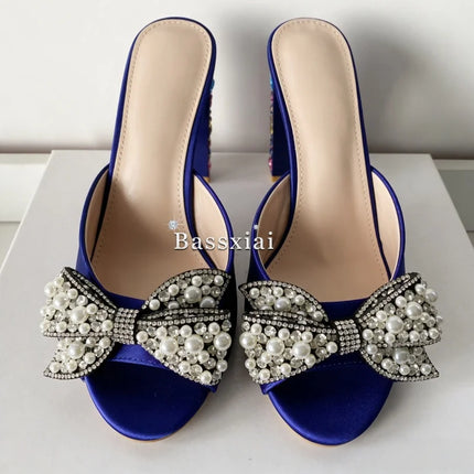 Sandali con tacco alto da donna estivi in seta blu con strass colorati e decorazioni a nodo a farfalla in cristallo per ragazze