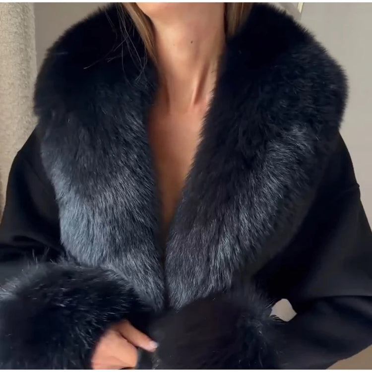 Women Faux Wool Short Coat Faux Fur Collar Cuffs Patchwork Lace-Up Coats Elegant Loose Luxury Ladies Autumn Winter Outerwear