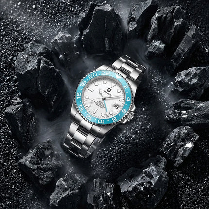 TOP PAGANI DESIGN PD1662 GMT Orologio meccanico automatico da uomo Cinturino in acciaio inossidabile Anello in ceramica blu Quadrante bianco Resistente all'acqua fino a 100 m Orologi da polso sportivi da uomo luminosi per uom