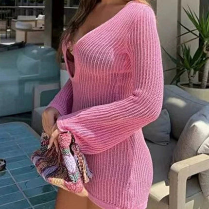 Elegante Abito in Maglia a Maniche Lunghe con Scollo a V, Mini Abito con Texture Circolare Traforata, Vestito Casual Aderente per Feste platinumshop