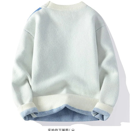2024 Patchwork Knitted Sweater Trend High Street Autumn Winter Warm Men's Tops Hip-hop Street Clothing Fishing Sports Pullover
