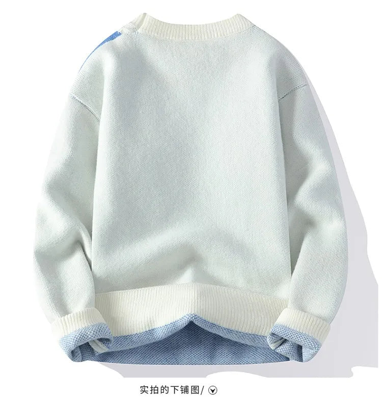2024 Patchwork Knitted Sweater Trend High Street Autumn Winter Warm Men's Tops Hip-hop Street Clothing Fishing Sports Pullover