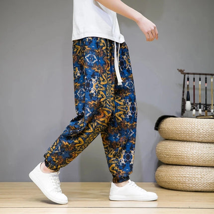 Pantaloni Primavera-Estate da Uomo in Stile Cinese, Sottili e Traspiranti in Cotone e Lino, con Vita Elastica, Pantaloni Harem Stampati Casual e Comodi