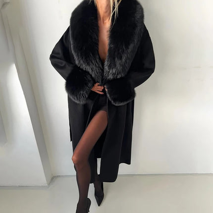 TARUXY Women Luxurious Faux Fox Fur Collar Long Jacket Elegant Solid Long-Sleeved Loose Lace Up Street Warm Coat 2026 Winter New