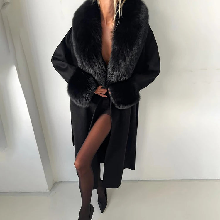 TARUXY Women Luxurious Faux Fox Fur Collar Long Jacket Elegant Solid Long-Sleeved Loose Lace Up Street Warm Coat 2026 Winter New