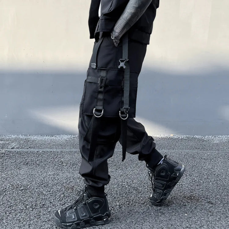 Hip Hop Tactical Cargo Pants Men Multi Pocket Ribbon Design Joggers Trousers 2023 Spring Functional Elastic Waist Pant Black