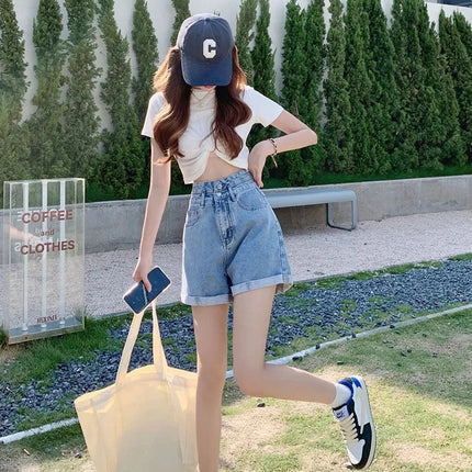 Women's summer thin denim shorts with loose fit high waist slimming effect wide legs and rolled edge hot pants for outerwear PlatiNum