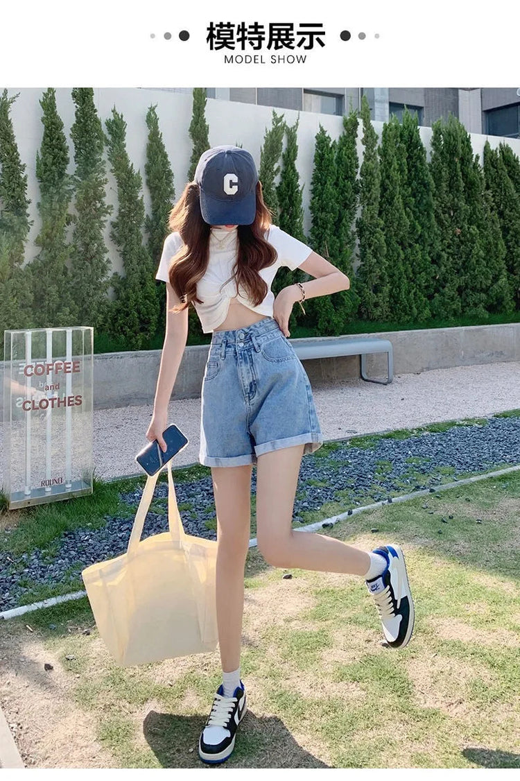 Women's summer thin denim shorts with loose fit high waist slimming effect wide legs and rolled edge hot pants for outerwear PlatiNum