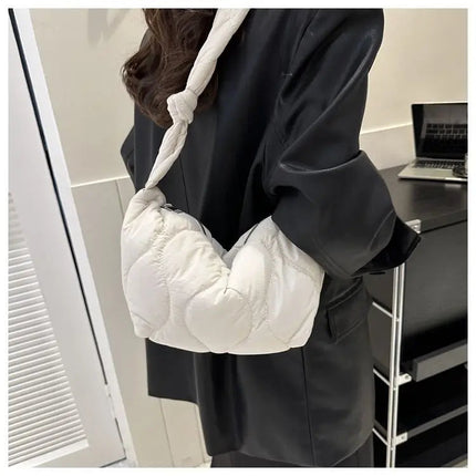 Puffer Shoulder Bag for Women Soft Down Cotton Padded Tote Handbag Purse Quilted Cross Body Bag Solid Color Bubbles Cloud Bag PlatiNum