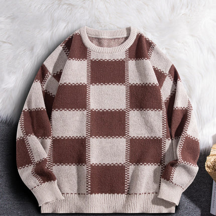 Retro Trendy Plaid Jacquard Pattern Pullover Sweater Casual Round Neck Color-Block Knit Men's Pullover