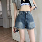 Women's retro vintage high waisted denim shorts thin casual summer with fringed edges slim and spicy A-line wide leg hot pants PlatiNum