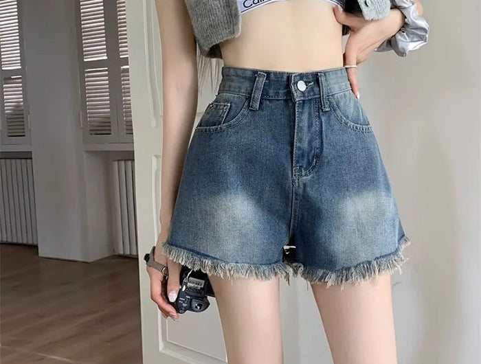 Women's retro vintage high waisted denim shorts thin casual summer with fringed edges slim and spicy A-line wide leg hot pants PlatiNum