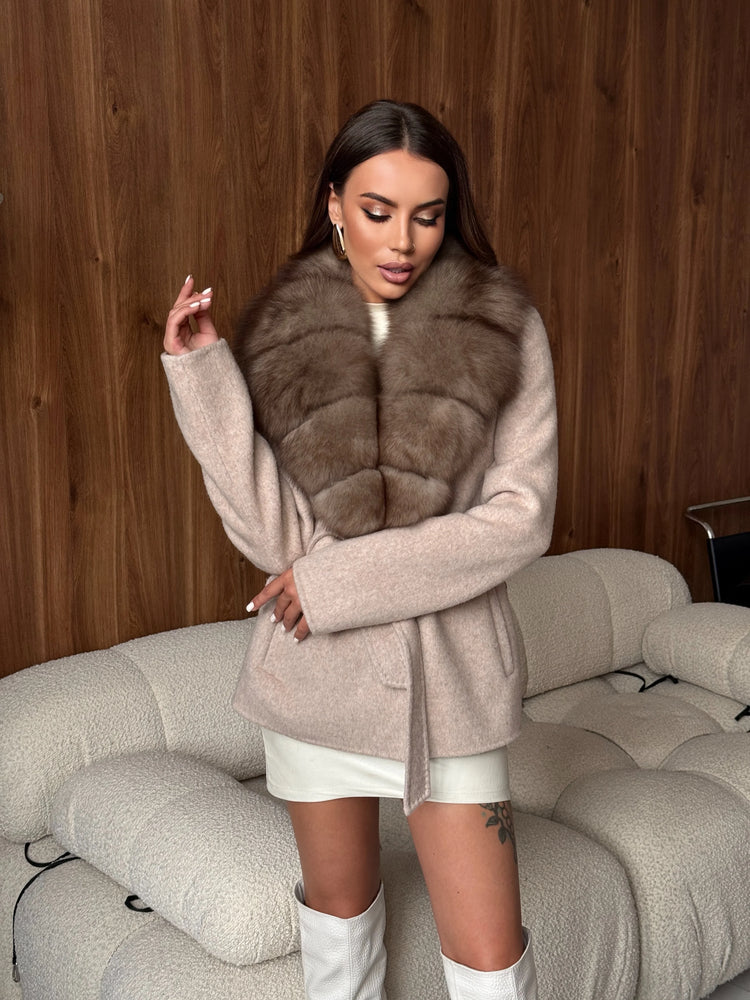 Women Wool Blend Coat Big Faux Fur Collar And Cuffs Belted Waist Wrap Loose Winter Jacket Thick Warm Elegant Lady Outerwears