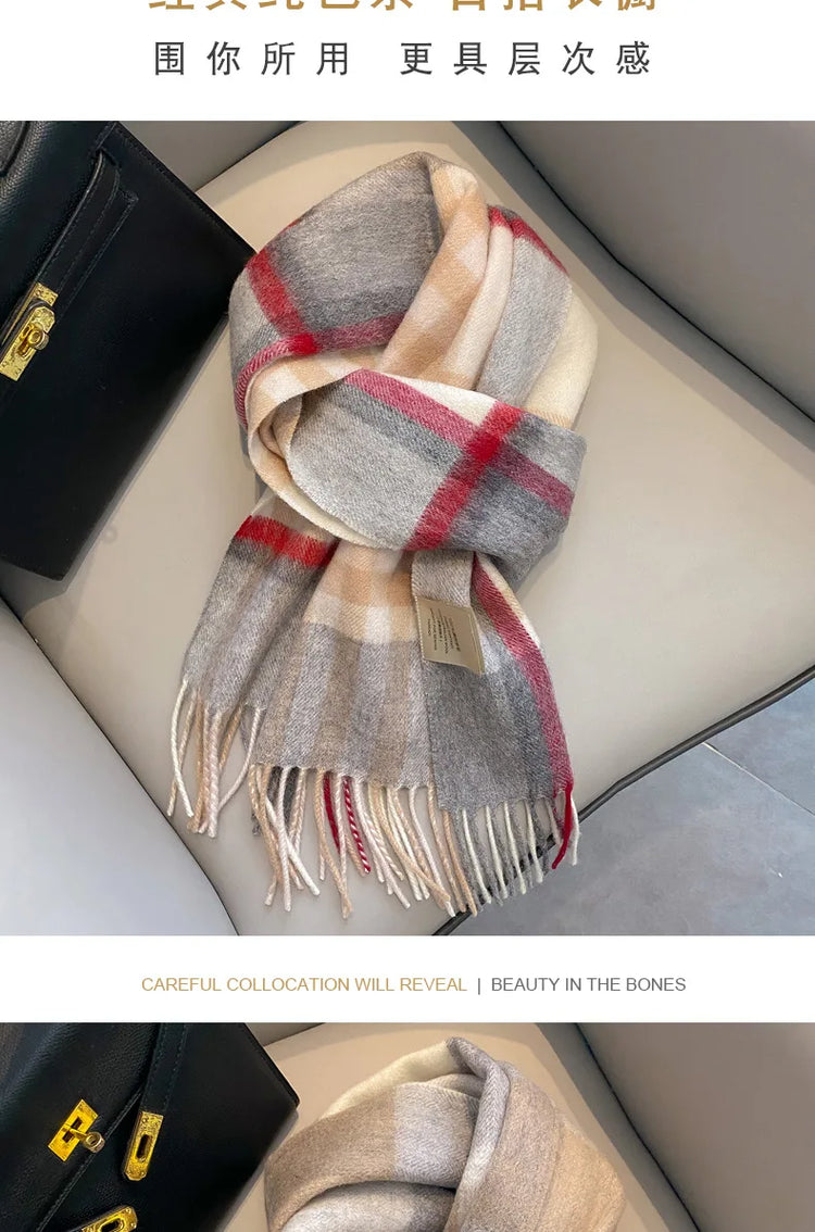 High Quality 100% Pure Wool Scarf Women Classic Chic  Autumn Winter Colorful Plaid Tassel Warm Muffler Female Thermal Shawl Lady