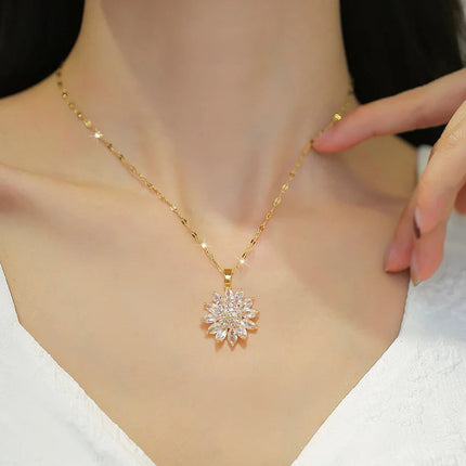 DIEYURO 316L Stainless Steel Luxury Zircon Flower Pendant Necklace For Women Girl New Trend Clavicle Chain Jewelry Lady Gift PlatiNum