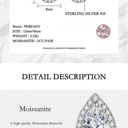 PERFANY 1CT Moissanite Earrings for Women S925 Pure Silver Water Droplet Cutting Laboratory Diamond Earrings Luxury Jewelry PlatiNum