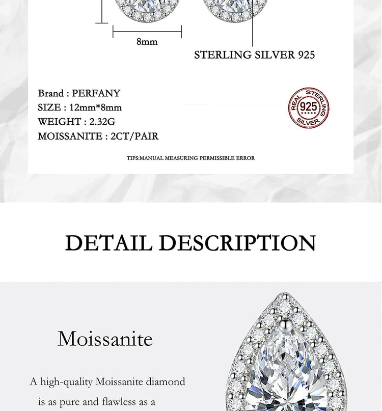 PERFANY 1CT Moissanite Earrings for Women S925 Pure Silver Water Droplet Cutting Laboratory Diamond Earrings Luxury Jewelry PlatiNum