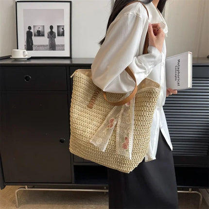 Large Capacity Summer Tote Bag, Women's Hand-Woven Shoulder Bag, Fresh Rural Style
