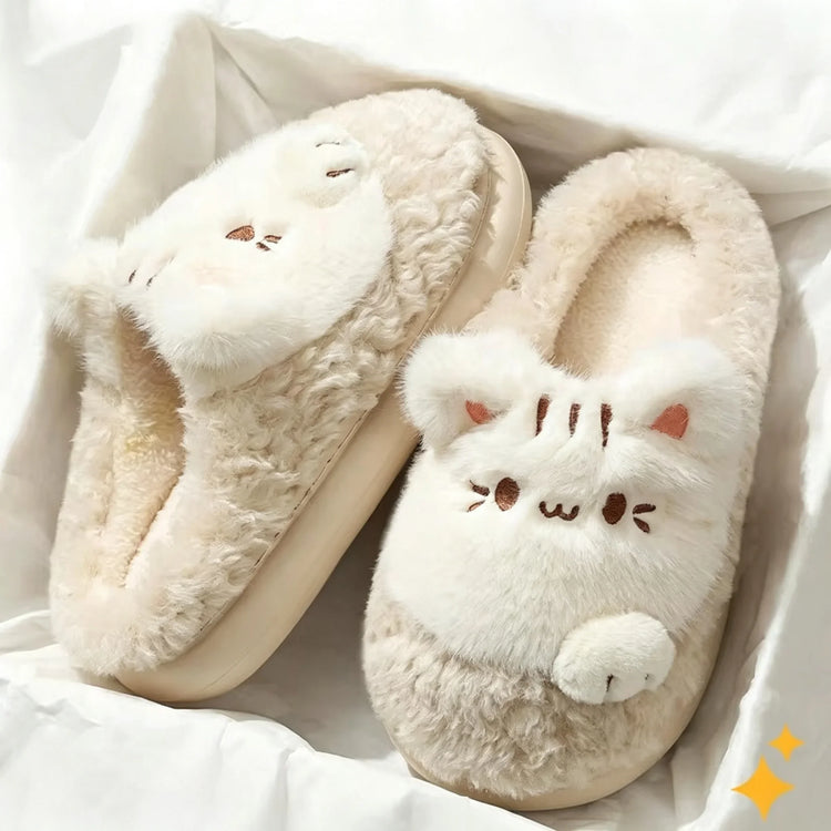Women's Cute Cat Plush Cotton Slippers Autumn & Winter Home Anti Slip Thick Bottom Cotton Slippers Soft and Warm Indoor Slippers