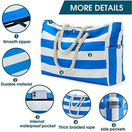 Borsa esterna a righe con cerniera per viaggi e vacanze all'aperto, in tela impermeabile e resistente alla sabbia, comoda borsa da spiaggia pieghevole
