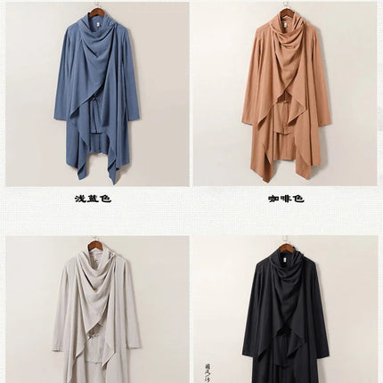 2025 Autunno Uomo Baggy Bello Fresco Trench Stile Cinese Mantello Camicie Moda Casual Lino Irregolare Mens Mantello Lungo Giacche a vento