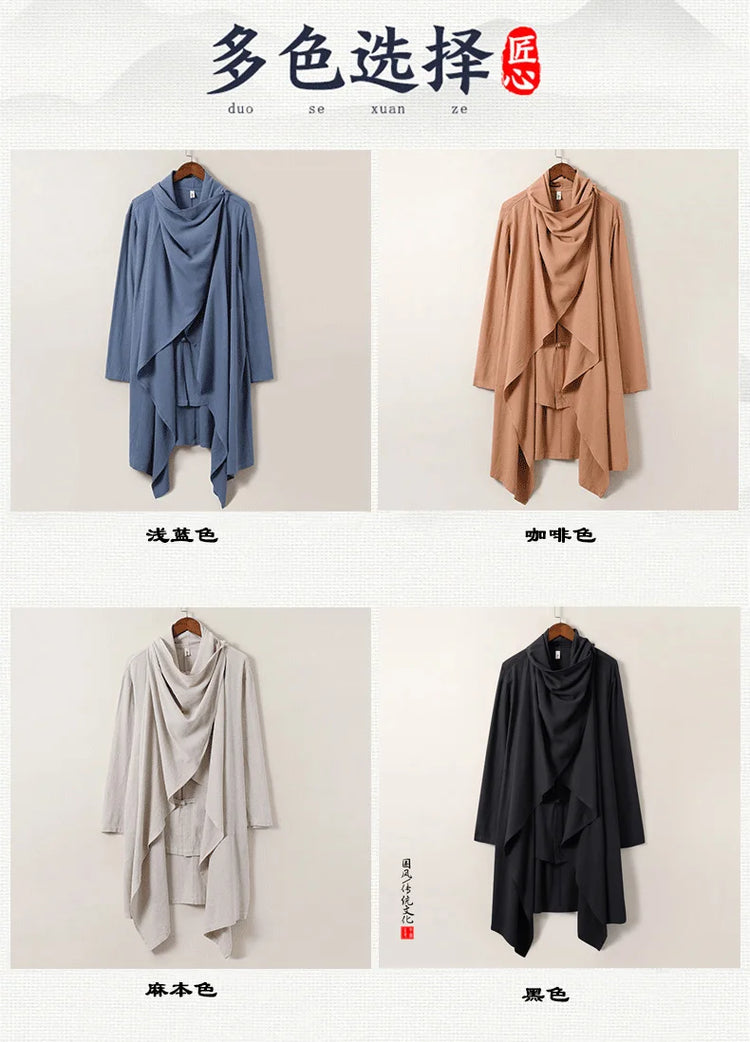 2025 Autunno Uomo Baggy Bello Fresco Trench Stile Cinese Mantello Camicie Moda Casual Lino Irregolar
