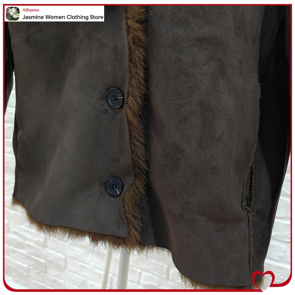 New in Reversible Double-faced Faux Fur Jacket for Women Stylish Lapel Collar Crossover Button-up Outwears Winter Brown Overcoat