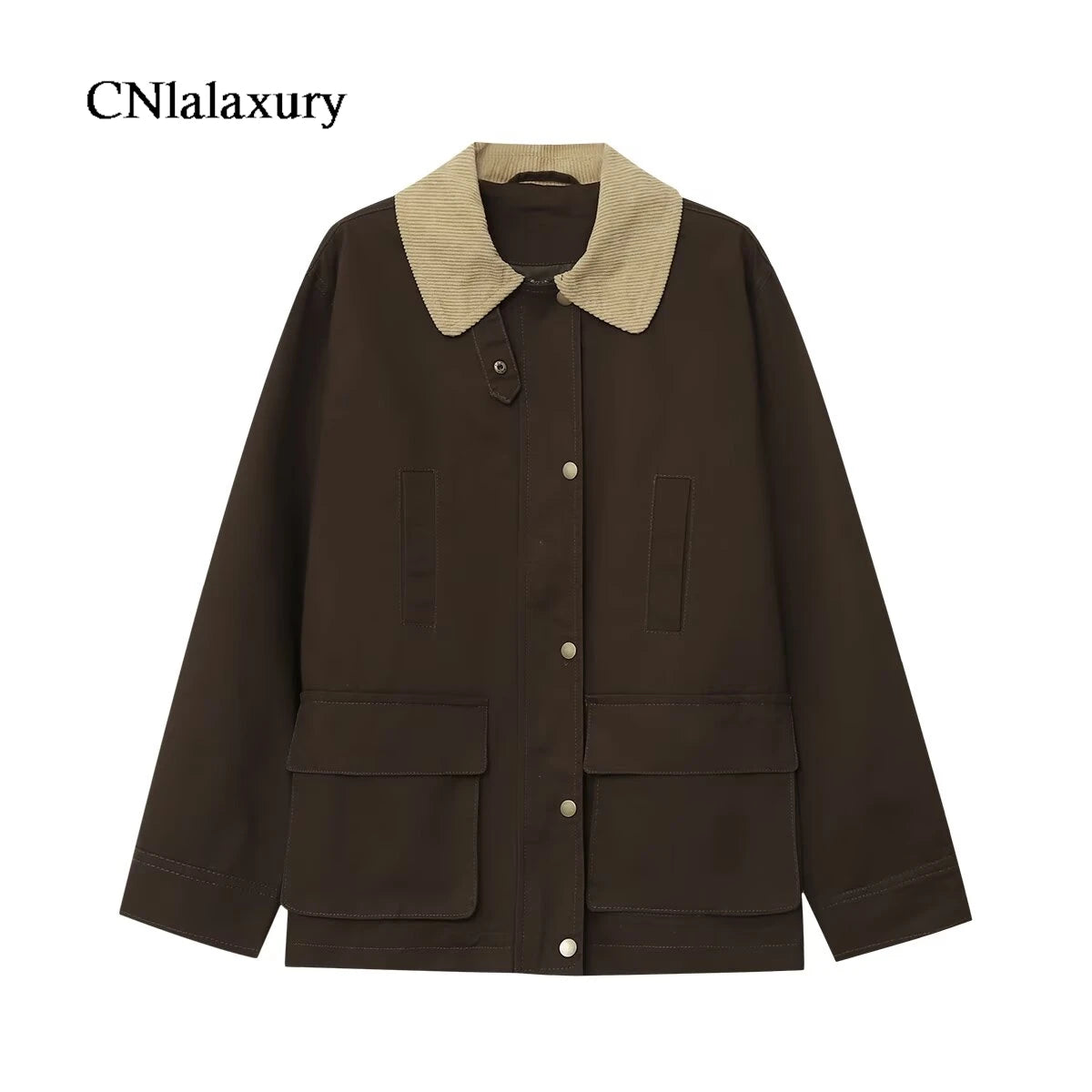 CNlalaxury Women 2025 Autumn New Fashion Contrast Collar Long Sleeve Jacket Casual Warm Coat High Street Outerwear Mujer