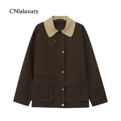CNlalaxury Women 2025 Autumn New Fashion Contrast Collar Long Sleeve Jacket Casual Warm Coat High Street Outerwear Mujer