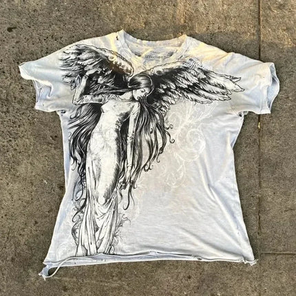 2025 New American Retro Skull Print Pure Cotton Crew Neck Short Sleeve Women's European and American Summer Top T-shirt