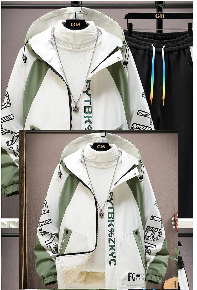 Winter Warm Hooded patchwork Jacket+Pant 2-piece Set Men Set Sports Suit Fleece Thickened Sportswear Casual Men Tracksuit